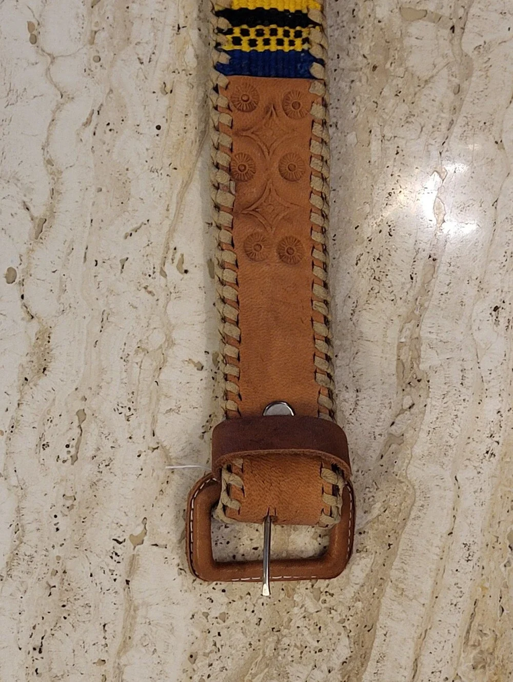Handmade In Guatamala 70s/80s Textile And Tooled Leather Belt Size 38